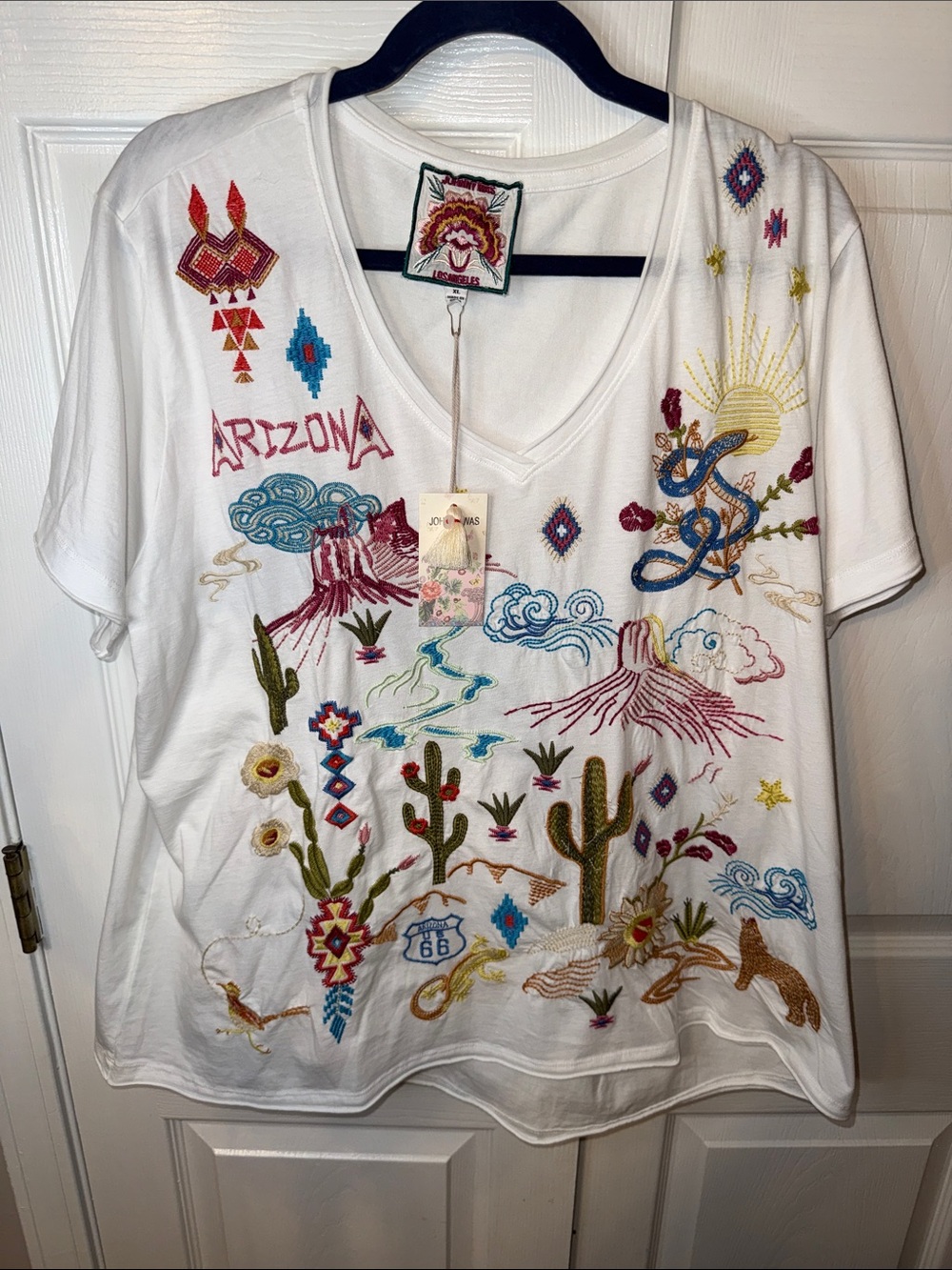 Johnny Was White Short-Sleeve V-Neck Tee with Colorful Southwestern Embroidery